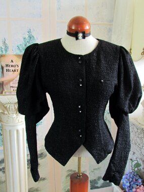 PUFFED SLEEVED VINTAGE 1890s STYLE JACKET, S, BLACK ELEGANT VICTORIAN COSTUME